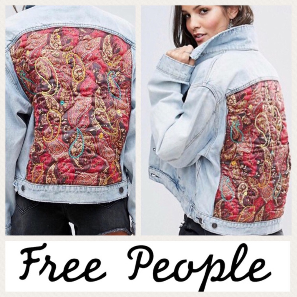 Free People Boho denim jacket with paisley patch